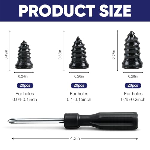 TEAWOO 60 PCS Tire Repair Rubber with 1 Screwdriver, Quick Tire Repair Screws in Tire Plugs Kit, Specially Designed for Motorcycle Truck Tractor and Car Tire Repair Kit(3 Sizes)