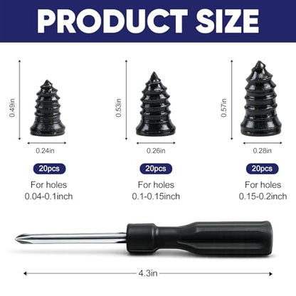 TEAWOO 60 PCS Tire Repair Rubber with 1 Screwdriver, Quick Tire Repair Screws in Tire Plugs Kit, Specially Designed for Motorcycle Truck Tractor and Car Tire Repair Kit(3 Sizes)