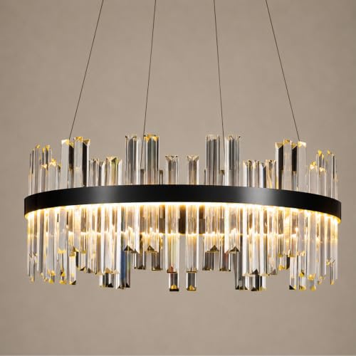 24'' Modern Black Crystal Chandelier - K9 Crystal LED Dimmable Chandeliers With Remote Control for Dining Room - Luxury Brass Adjustable Pendant Ceiling Light Fixture For Living Room Bedroom Entryway - color: Black, size: 24 Inch