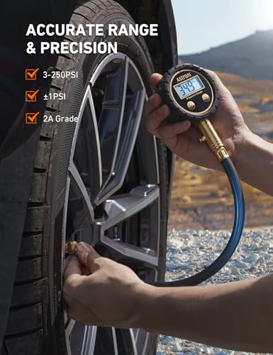 AstroAI Tire Pressure Gauge for Cars with Backlit LED, Solid Brass with Rubber Hose, Air Bleeder Valve, ANSI B40.7 Grade 2A(±0.5%), 3-250PSI - size: 3-250PSI