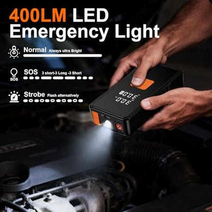 Preciva 8000mAh Jump Starter - 8000A Peak Car Battery Charger with Smart Air Compressor (150PSI), Tire Repair Kit, Power Bank, Digital Gauge & LED Emergency Light for Car, Truck, Motorcycle