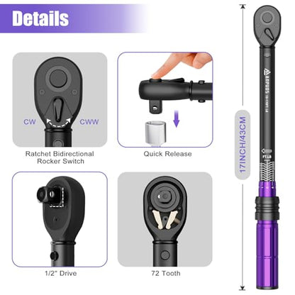 ANPUDS 1/2 Inch Drive Click Torque Wrench,10-170 Ft-Lb/13.6-230.5 Nm | Dual-direction Adjustable Torque Wrench with Dual Range Scales, 72 Tooth, ±3% High Precision for Moto, Car Maintenance - size: 1/2" 10-170 Ft-Lb/13.6-230.5 Nm