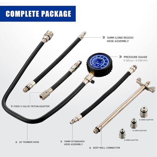 Compression Tester Kit 0-300 psi Cylinder Gauge for Gas Engine | Dual-range 0-300psi/20.7Bar, 10-18mm Multi-size Spark Plug Adapters - color: Engine Compression Gauge Kit