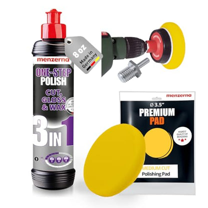 menzerna 3in1 Polishing Set – One-Step Polish (8oz) + Drill Machine Adapter + Medium Cut Pad | Polish Your Car with a Cordless Drill - style: Adapter Set