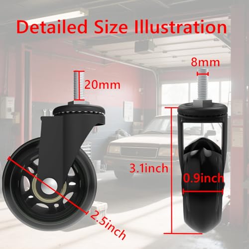 Creeper Caster Wheels Set of 4, Roller Blade Rubber Heavy-Duty 2.5 Inch Castor Replacement, 360 Degree No Noise Wheel for Mechanic Stool, Rolling Creeper Garage Seat - style: 4 Pcs No Brakes