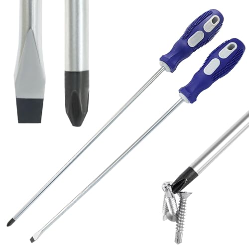 12-Inch Extra Long Slotted & Phillips Screwdriver Set, PH2 Magnetic Tip Flat Blade Cross-head Screwdrivers with Blue Rubber Handle (2-Pack) - size: Slotted & Phillips (Blue)