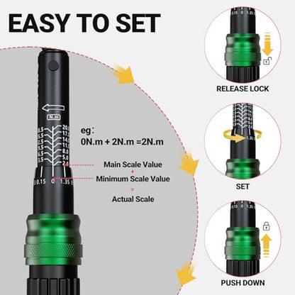 1/4" Bike Torque Wrench Set, 35 PCS Bicycle Click Torque Wrench and Bit Set, 17.7-177 in·lb/2-20Nm, Dual-Direction Adjustable 72 Tooth Ratchet, ±3% Accuracy, Road/Mountain Bike Cycling Tool Kit - size: 35PCS (2-20 Nm)