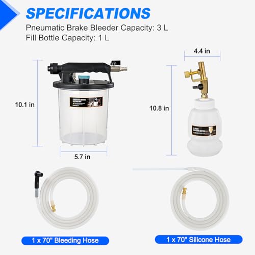 GOOACC Brake Bleeder Kit 3L Pneumatic Brake Bleeder Vacuum Pump One Person Brake Clutch Pressure Bleeder Flush Kit with 3L Fluid Extractor 1L Refilling Bottle 18PCS Adapters Brake System Bleeding Tool - size: 3L Pneumatic