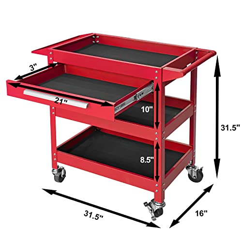 GSTANDARD APTB311R Torin Rolling Tool Cart with Drawer: 3 Layer Tool Oragnizer with Foam Pad and Heavy Duty Utility Cart with Four Swivel Casters, Red - color: Red, style: 3 Shelves with Drawer