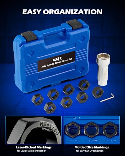 OMT 10pc Axle Spindle Threading Set, Thread Chaser Kit with 8 Rethread Dies | M20 M22 M24 & 3/4" 13/16" UNEF, 1-1/16" Extension Bar, Inner Grooves Expel Metal Chips, Heavy-Duty Steel, For Mechanics