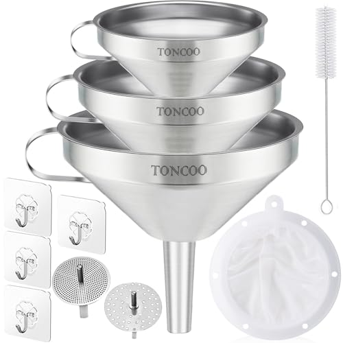 Toncoo 3 Pack Stainless Steel Funnels for Kitchen Use, Food Grade Cooking Funnel with 3 Strainer, Kitchen Funnel Set Metal Funnels for Filling Bottles