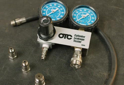 OTC 5609 Cylinder Leakage Tester Kit - Quickly Diagnose Internal Engine Problems like Bad Rings, Valves, and Leaking Head Gaskets | Dual 2-1/2 Gauges, Pressure-Regulated Manifold, 24 Hose, 10/12/18 Mm Adapters, Hard Case