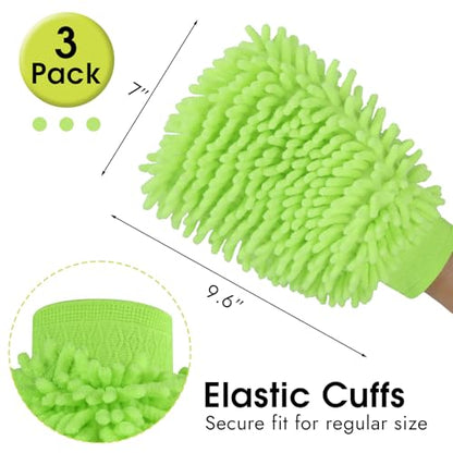 3 Pack Chenille Microfiber Car Wash Mitt, 7" x 9.6", Green | Car Washing Mitts, Home Dusting Gloves, Scratch Free Lint-Free, Highly Absorbent, Double Sided, for Cleaning Detailing Polish - color: Green