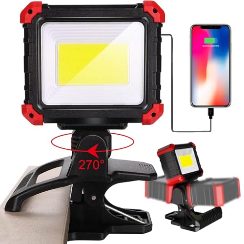 Easymaxx LED Rechargeable Work Light with Clamp, 2100LM COB Magnetic Clip on Worklight 270° Rotating with Mobile Charger, Portable Clamp Work Light for Boats, Car Repairing, Job Site Lighting | 3 modes, 6000K, magnetic base, 270° rotating head, 2.3 in cla