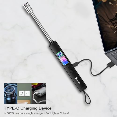 SUPRUS Electric Candle Lighter USB-C Rechargeable with Digital Battery Display Ambient Lighting Safety Switch 360° Flexible Neck Flameless Plasma Windproof Perfect for Candle BBQ Camping (Black) - color: Black