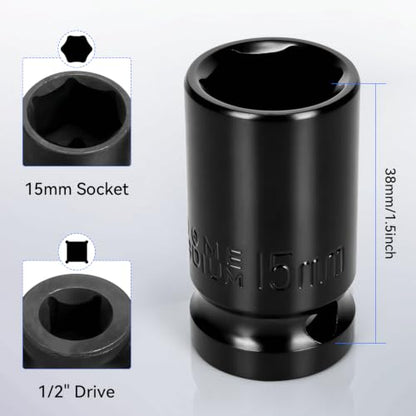 2PCS 15mm Impact Socket 1/2" Drive, 6 Point Metric Shallow Socket, CR-V Steel Heavy Duty Impact Wrench Socket for Automotive Repair - size: 15mm