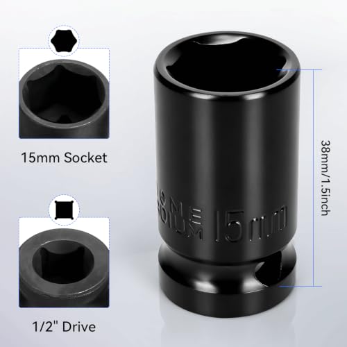 2PCS 15mm Impact Socket 1/2" Drive, 6 Point Metric Shallow Socket, CR-V Steel Heavy Duty Impact Wrench Socket for Automotive Repair - size: 15mm