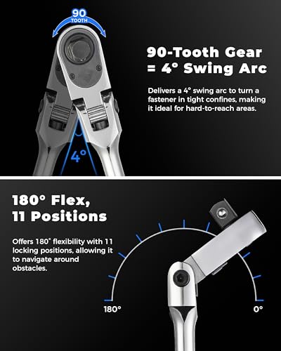 toolant 1/4" Drive Flex Head Ratchet Wrenches, 90 Tooth Compact Flex Head Socket Ratchet Wrench, 7 Inch Length - size: 1/4"(7inch), style: Flex-head Ratchet