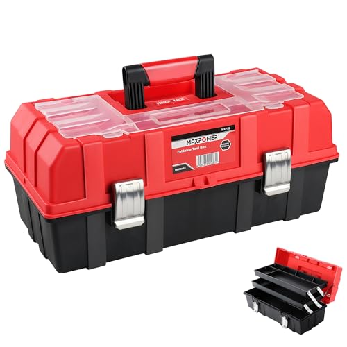 MAXPOWER 16-Inch Tool Box, Three-Layer Folding Plastic Storage Toolbox, Multi-Function Organizer with Tray and Dividers, Tools Box with Stainless Steel Lock