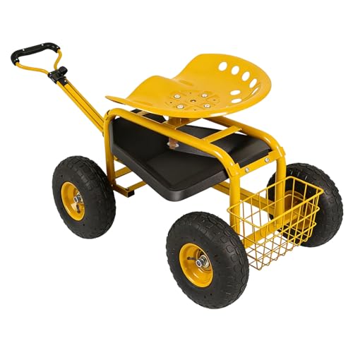 Kinfant Garden Cart Rolling Workseat – Gardening Stool with Wheels for Planting, Wagon Scooter with Steering Handle & Utility Tool Tray, 360° Swivel Seat, for Patio, Yard & Outdoors Yellow - color: Yellow
