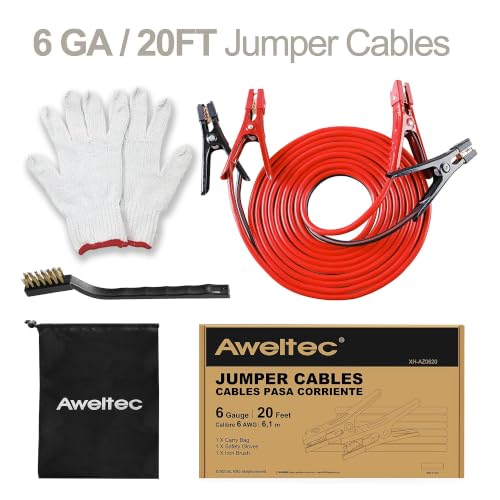 Jumper Cables 6 Gauge 20 Feet,Heavy Duty Battery Booster Cable,Automotive Jumping Wires with Alligator Clamps,Carrying Bag,Safety Gloves and Iron Brush for Cars Trucks - size: 6 Gauge 20 feet (Pure Copper)