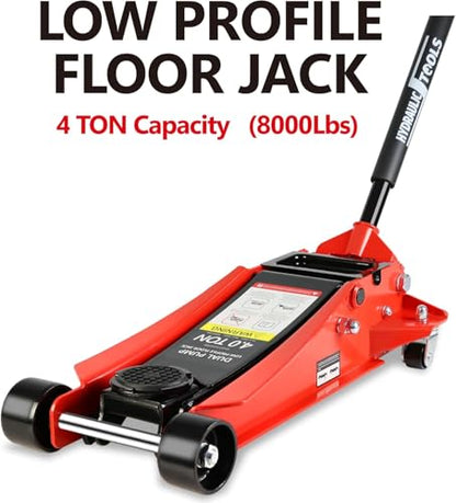 4 Ton Low Profile Floor Jack, Heavy Duty Floor Jack with Dual Pistons Quick Lift Pump, Steel Car Jacks Adjustable Height 4"-21", Hydraulic Trolley Floor Jacks 4 Ton/8000 LBS Capacity, Red - color: Red - 4 Ton(Dual Pump), Lift 4"-21"
