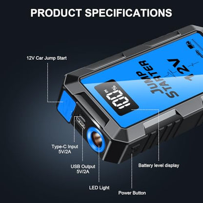 8000A Car Battery Jump Starter Box with Jumper Cables, 12V Car Jump Starter Portable (All Gas,up to 10.0L Diesel) Portable Lithium Jump Box Rechargeable, Reverse Polarity Protection
