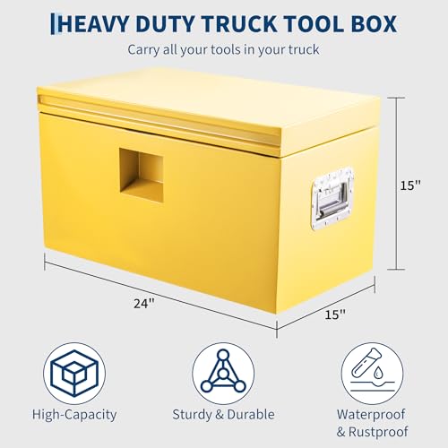 Industrial Steel Truck Tool Box w/Gas-Shock Lid, Pry-Resistant Security & Weatherproofing Toolbox Organizer Chest Fits Pickup, Truck Bed, RV, Trailer - color: Yellow, size: 15X15X24 inch
