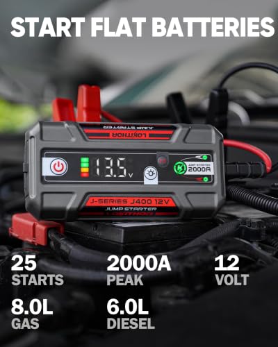 LOKITHOR J400 Jump Starter - 12V 2000A Lithium Battery Jump Pack, Portable Jump Box, Car Starter, Jumper Cables - for Up to 8.0L Gas & 6.0L Diesel Engines | ConnectMax Tech - Smart Digital Display - color: Red