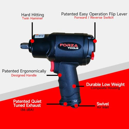 1/2" Extreme Composite Air Impact Wrench, 1,657 ft-lbs Max Reverse Torque, Heavy Duty Pneumatic Impact Gun for Automotive Repair, Twin Hammer, Lightweight