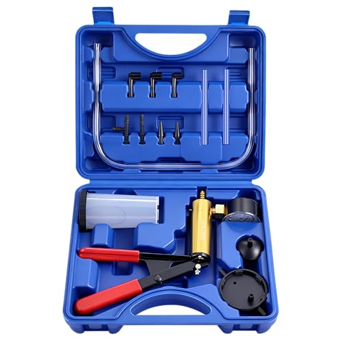 Handheld Vacuum Pump Brake Bleeder Kit with Pressure Gauge, Brake Fluid Bleeding Tool Set with Hoses, Adapters and Reservoir, Automotive Brake Bleeding & Vacuum Diagnostic Test Kit (-Blue-)