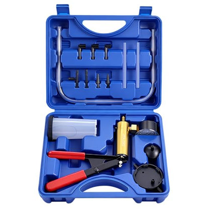 Handheld Vacuum Pump Brake Bleeder Kit with Pressure Gauge, Brake Fluid Bleeding Tool Set with Hoses, Adapters and Reservoir, Automotive Brake Bleeding & Vacuum Diagnostic Test Kit (-Blue-)