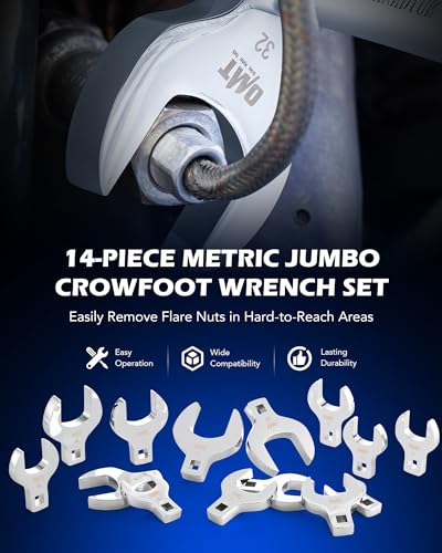 Orion Motor Tech 14pc Jumbo Crowfoot Wrench Set, Metric Crows Foot Wrench Set for 27 to 50 mm Flare Nuts, Chrome Plated Cr-V Steel Crowfoot Wrenches for 1/2" Drive Rachet & Extender with Storage Case