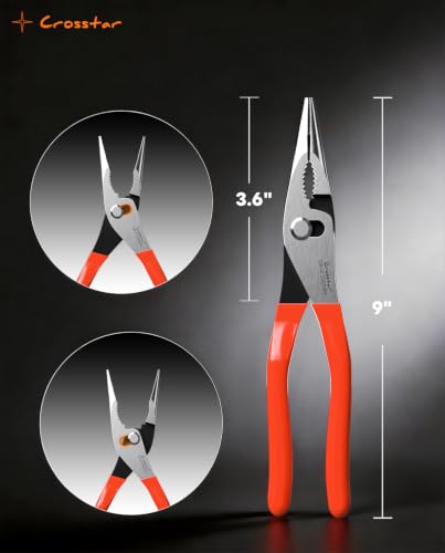 Crosstar 9-Inch Long Nose Slip Joint Pliers, CR-V Steel Needle Nose Pliers with 2-Position Adjustable Jaw, Self-Returning Spring & 2-Zone Serrated Jaw for Clamping, Tightening and Loosening