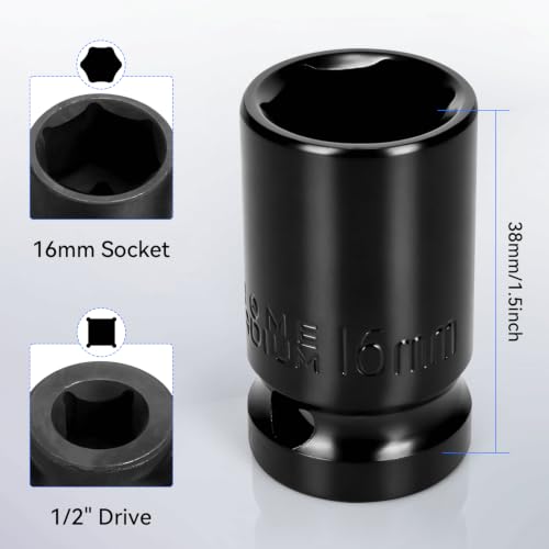 2PCS 16mm Impact Socket 1/2" Drive, 6 Point Metric Shallow Socket, CR-V Steel Heavy Duty Impact Wrench Socket for Automotive Repair - size: 16mm
