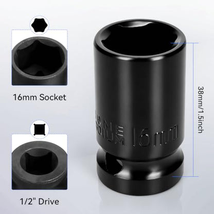 2PCS 16mm Impact Socket 1/2" Drive, 6 Point Metric Shallow Socket, CR-V Steel Heavy Duty Impact Wrench Socket for Automotive Repair - size: 16mm