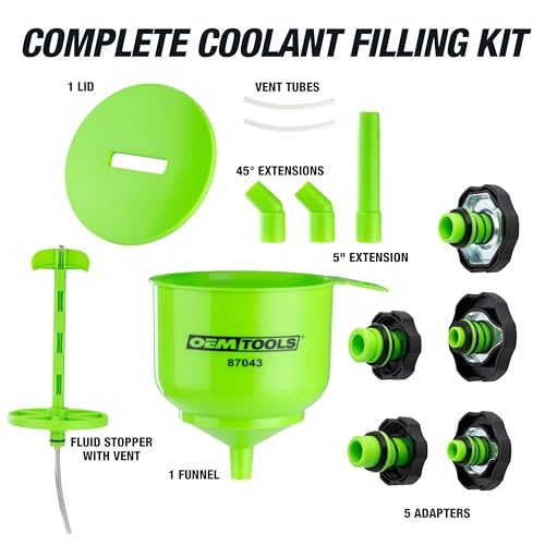 OEMTOOLS 87043 No-Spill Professional Quality Coolant Funnel Kit, Easily Fill Antifreeze Coolant Set Includes 5 Adapters, Extensions, and Automotive Funnel, Air Venting, Drip-Free, Green - style: Professional Quality