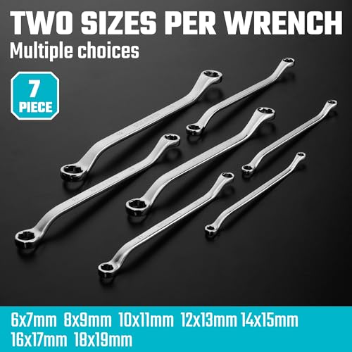 DURATECH 7-Piece Anti-slip Offset Box Wrench Set, Metric, 6-19mm | Bolt Extractor Wrench Set, 50-Degree Offset, CR-V Steel, With Rolling Pouch