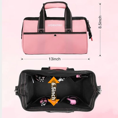 WORKPRO 13-Inch Tool Bag, Pink Soft Cloth Tool Storage Bags, Wide Mouth Tool Tote Bag with Inside Pockets - Pink Ribbon | Soft Cloth, Wide Mouth, Tool Tote Bag - color: Pink