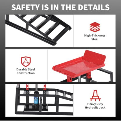 Heavy Duty 5 Ton Hydraulic Car Ramps, 2 Pack - Adjustable Low Profile Lift Height 11.6''-16.2'' - for Oil Changes, Brake Service, Garage Use - Black Shelf + Red Tablet - color: Black+red