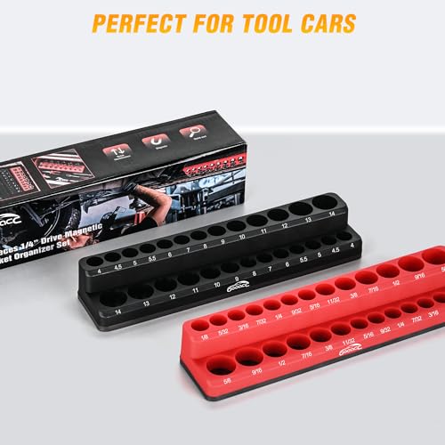 GOOACC 1/4" Magnetic Socket Organizer, 2 Pieces Socket Holder Metric SAE Socket Tray, 1/4 inch Socket Organizer Tray Holds 52 Standard Sockets for Tool Box Drawer - size: 2PCS 1/4" SAE & Metric Red Black