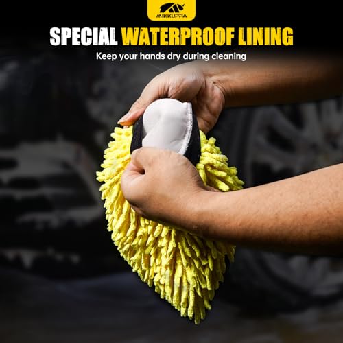 MIKKUPPA Car Wash Mitt Microfiber, Yellow & Gray, 2 Pack, 10" x 7" | Double-Sided Chenille Scratch Free Mitt with Waterproof Inner for Car Washing Home Cleaning - color: Yellow & Gray