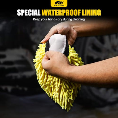 MIKKUPPA Car Wash Mitt Microfiber, Yellow & Gray, 2 Pack, 10" x 7" | Double-Sided Chenille Scratch Free Mitt with Waterproof Inner for Car Washing Home Cleaning - color: Yellow & Gray