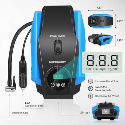 DNA MOTORING Tire Inflator Portable Air Compressor, 12V DC Air Pump for Car Tires, Bike, Motorcycle, Ball, Electric Bike Tire Pump with Pressure Gauge, LED Light, Auto Shut Off, Blue, TOOLS-00679-BL - style: Standard blue