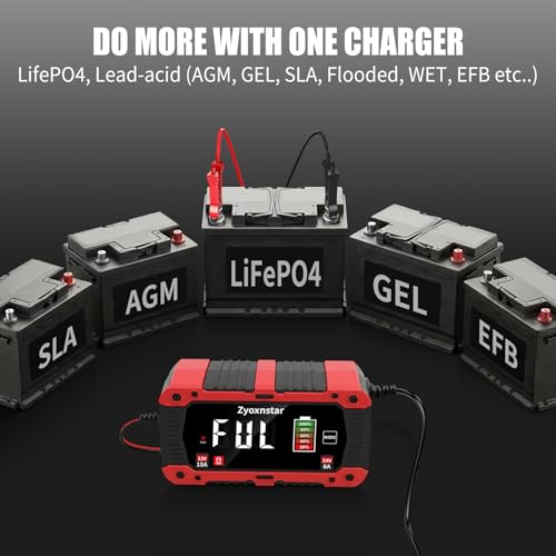 15A Battery Charger, 12V/24V LiFePO4 & Lead Acid Car Battery Charger, Fully Automatic Battery Maintainer w/Overcharge Protection Pulse Repair for AGM, STD, Gel, Deep Cycle Batteries