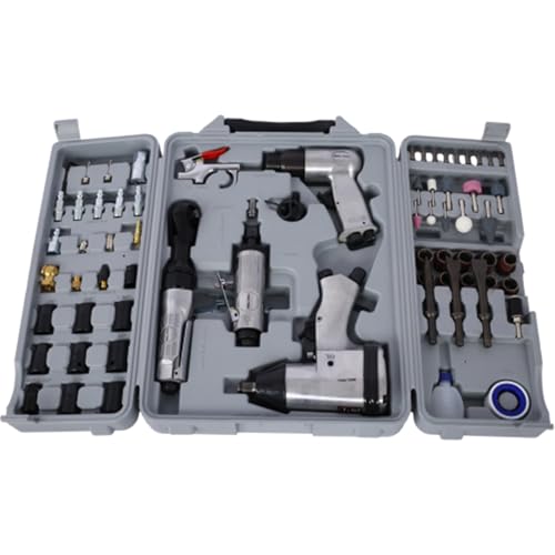 Complete Air Tool & Accessories Kit – Includes Impact Wrench, Air Ratchet, Die Grinder, Air Hammer, Hose Fittings, and Storage Case (71-Piece Silver) - color: 71-piece Silver