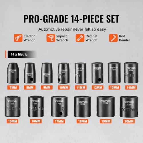 VEVOR 3/8" Drive Impact Socket Set, 14 Piece Shallow Socket Set Metric 7-20mm, 6 Point Cr-Mo Alloy Steel for Auto Repair, Easy-to-Read Size Markings, Rugged Construction, Includes Storage Case - style: 3/8" 14PCS CR-MO