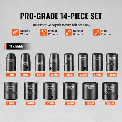 VEVOR 3/8" Drive Impact Socket Set, 14 Piece Shallow Socket Set Metric 7-20mm, 6 Point Cr-Mo Alloy Steel for Auto Repair, Easy-to-Read Size Markings, Rugged Construction, Includes Storage Case - style: 3/8" 14PCS CR-MO