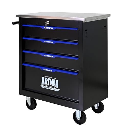 4 Drawer Heavy Duty Rolling Tool Chest, Mobile Metal Lockable Tool Cart with Stainless Steel Worktop, Garage Tool Storage Cabinet for Workshop Auto Repair, Black & Blue, 30.7" H × 25.9" W - size: 4 Drawers