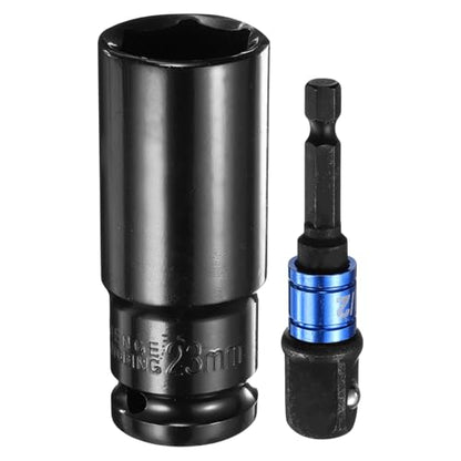 HARFINGTON Deep 6-Point Impact Socket 1/2" Drive 23mm Metric Socket 3" Length with 1/4" Hex Shank Adapter, CR-V Steel Socket Adapter Accessory Tool Set Kit for Hex Bolts Nuts - size: 23mm